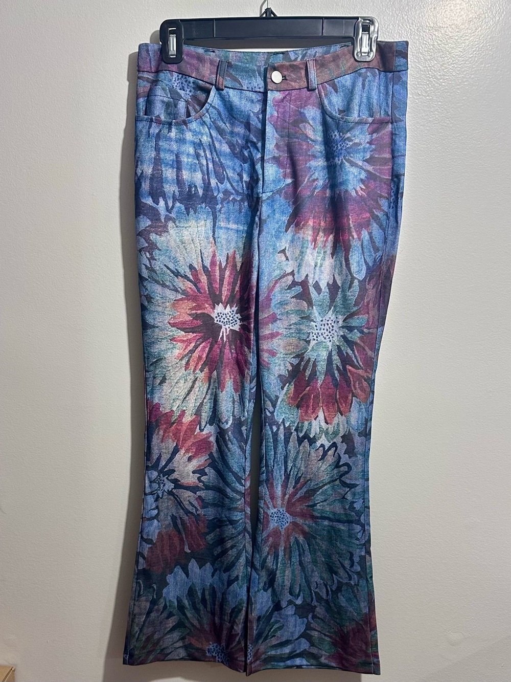 Blue Multicolor Floral Tie-Dye Boot Cut Pants Size L (1110)
